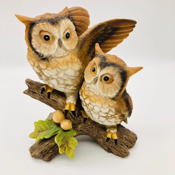 Vtg 80s Homco Ceramic Great Horned Owl Pair Figurine 1404 Original Stamp Sticker - Picture 1 of 11